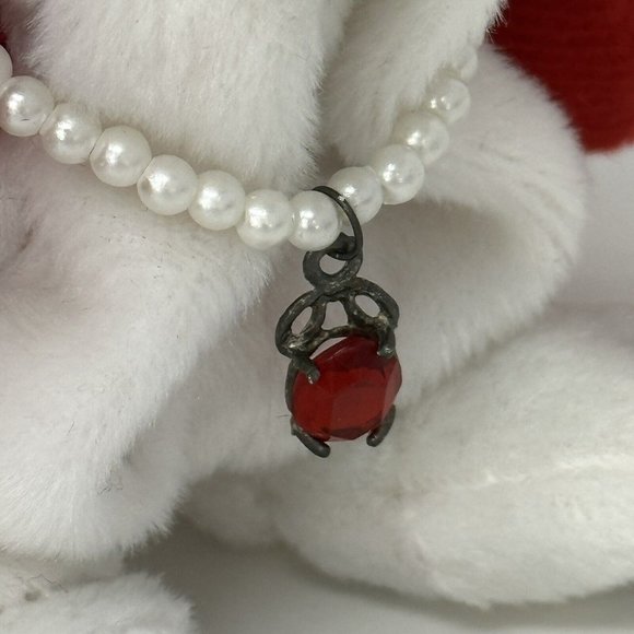 Birthstone Bassets January Red Plush Dog Pearl Necklace Red Stone Stuffed Animal - Picture 4 of 12
